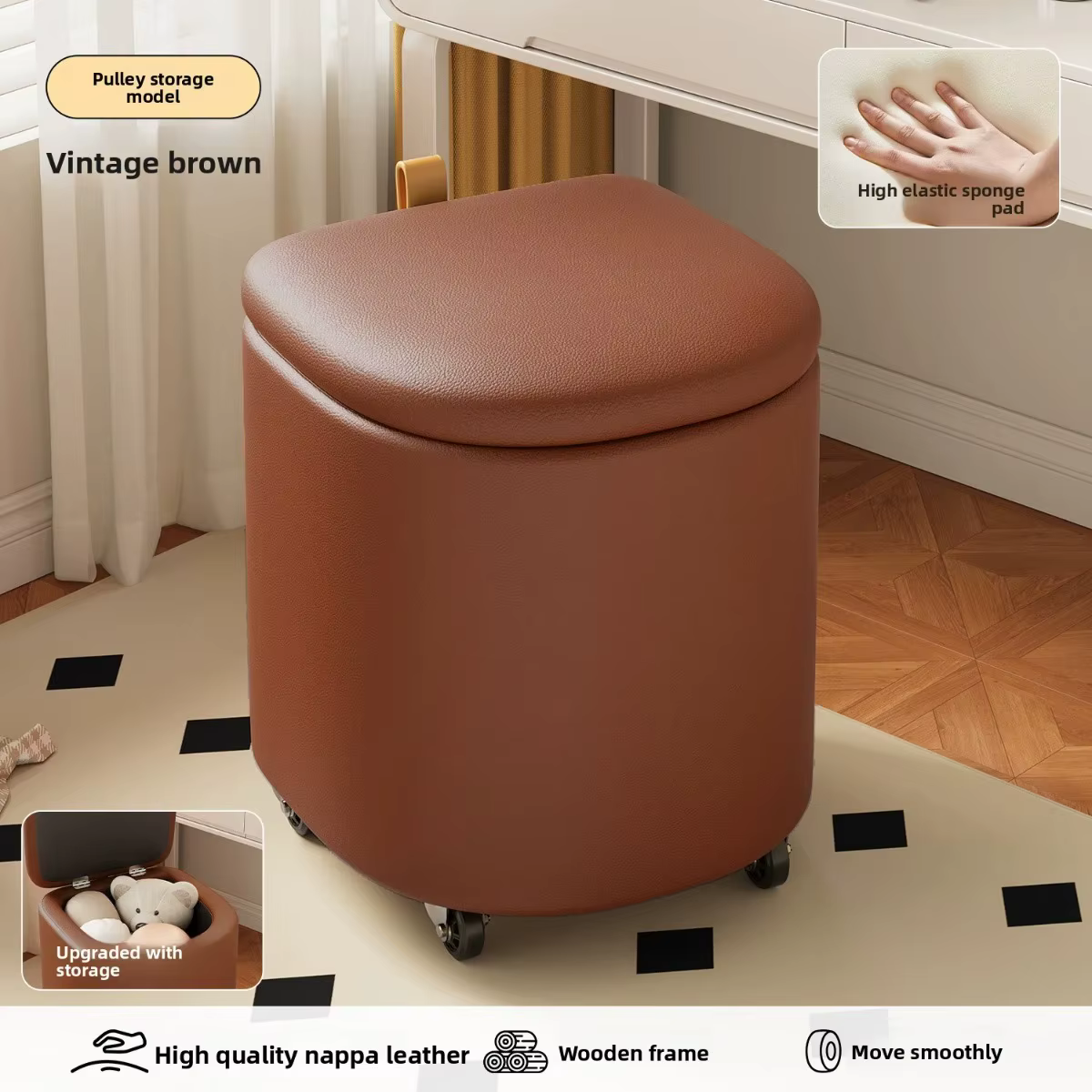 Banc de maquillage en cuir pour rangement, banc à chaussures, banc à ongles roulant pour chambre de femme, tissu en cuir haut de gamme de luxe léger