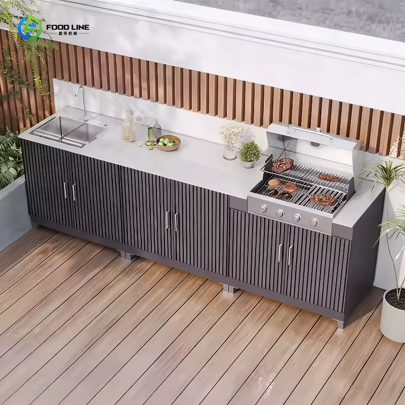 Cuisine de camping pliable moderne en acier inoxydable tout-en-un avec évier et barbecue intégré