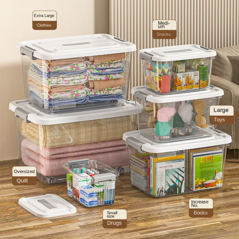 Boîte de rangement noire transparente durable en plastique avec couvercle