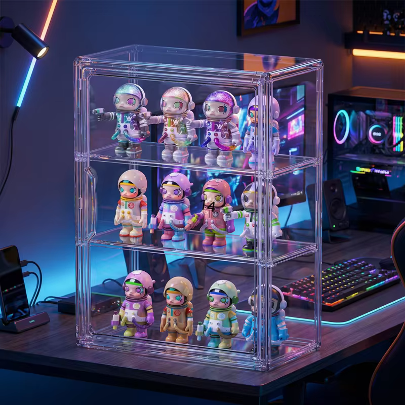 1 vitrine transparente en acrylique pour figurines avec deux étagères amovibles