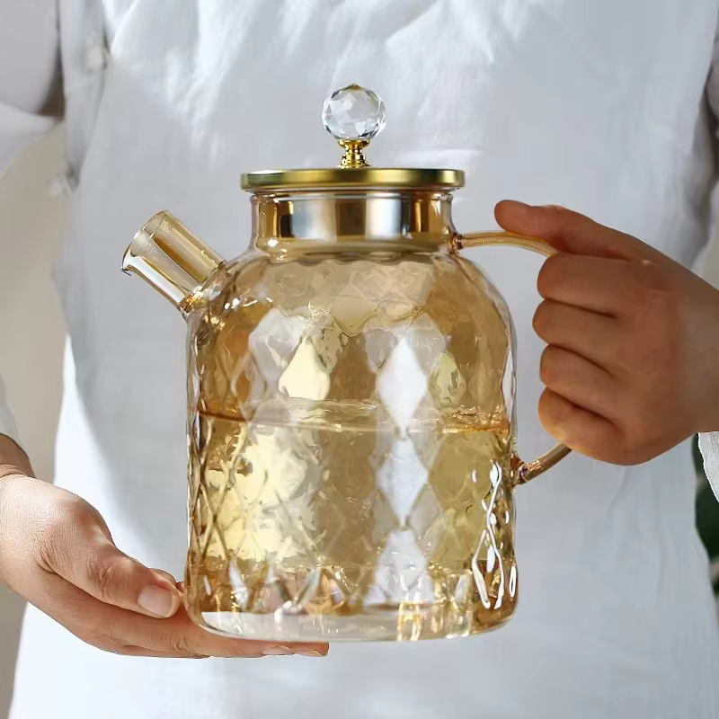 JUSTINLAU 1/1.8L théière verre à haute teneur en Borosilicate bouilloire d'eau froide avec couvercle et filtre ambre résistant à la chaleur thé en fleurs