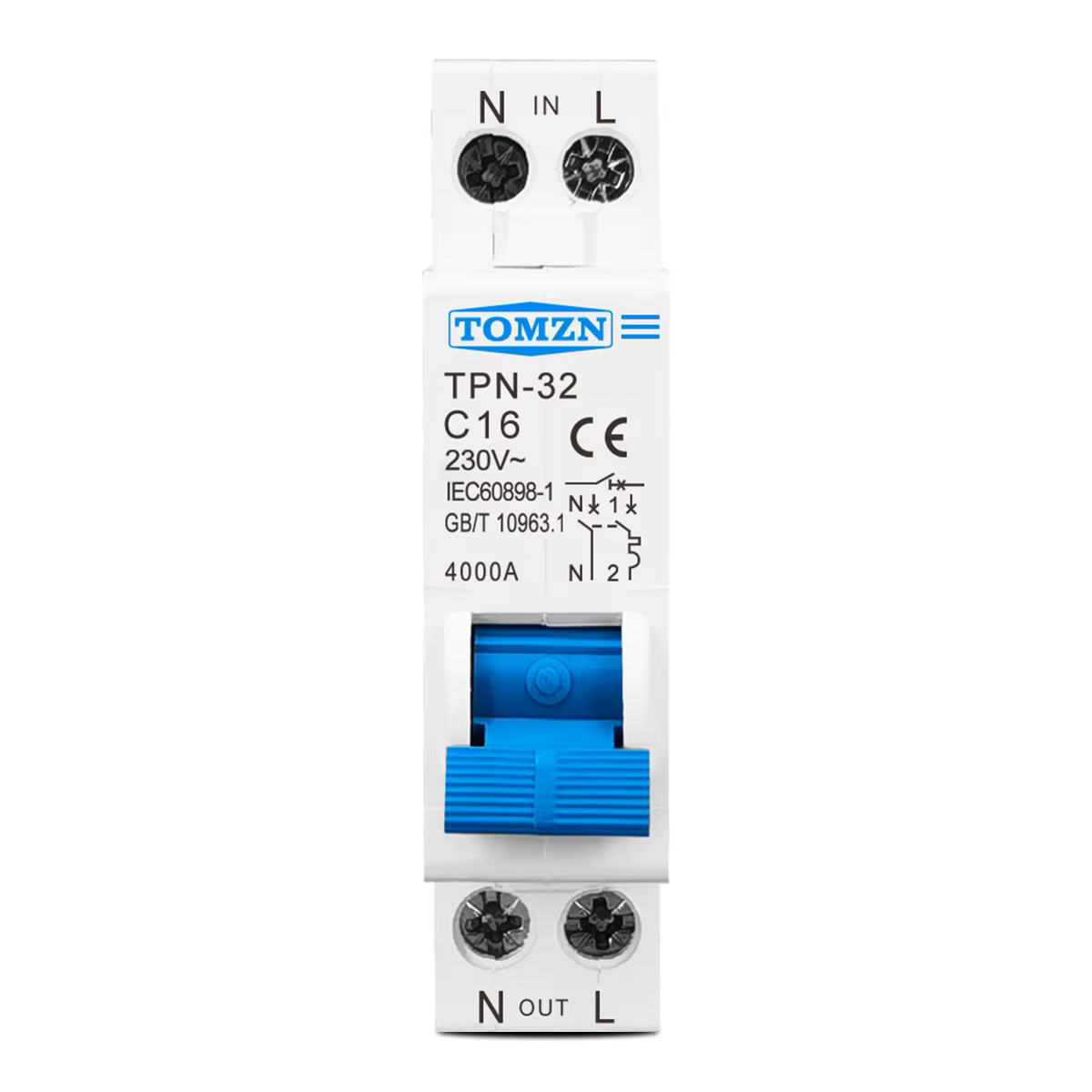 Disjoncteur miniature TOMZN TPN 1P+N MCB 6A 10A 16A 20A 25A 32A pour montage sur rail DIN