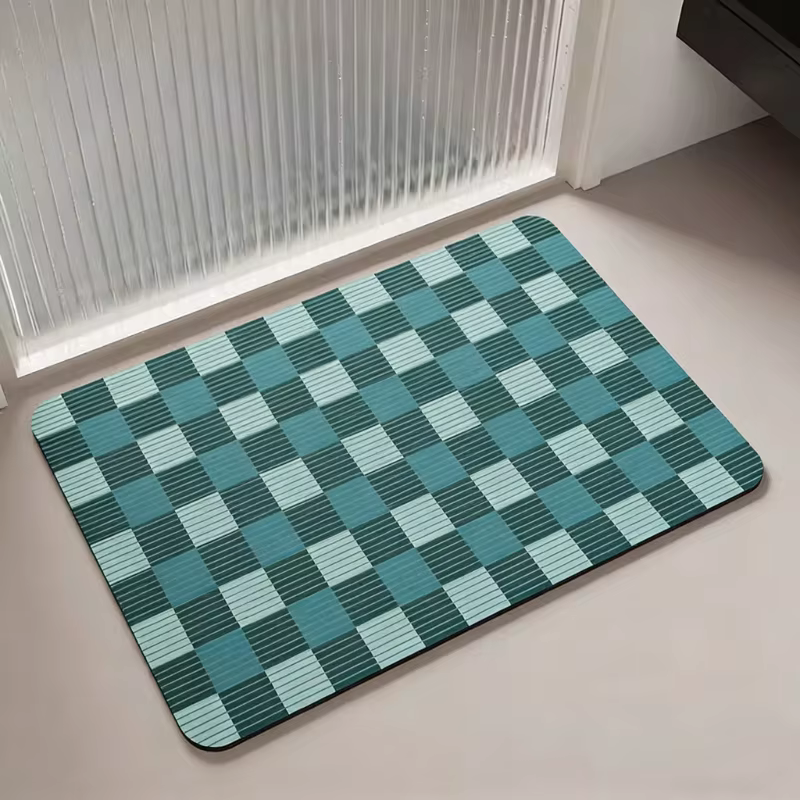 Tapis de salle de bain absorbant et antidérapant, décoration intérieure, bleu clair, motif géométrique à carreaux, tapis d'entrée de toilettes, tapis de sol en boue de diatomées