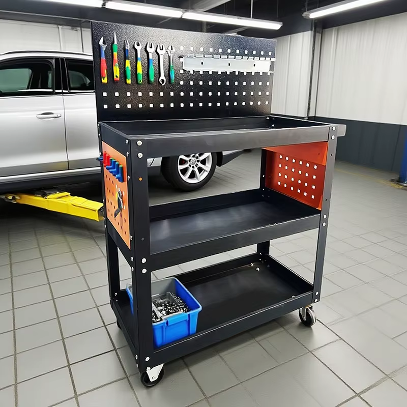 Chariot à outils robuste à 3 niveaux avec panneau perforé