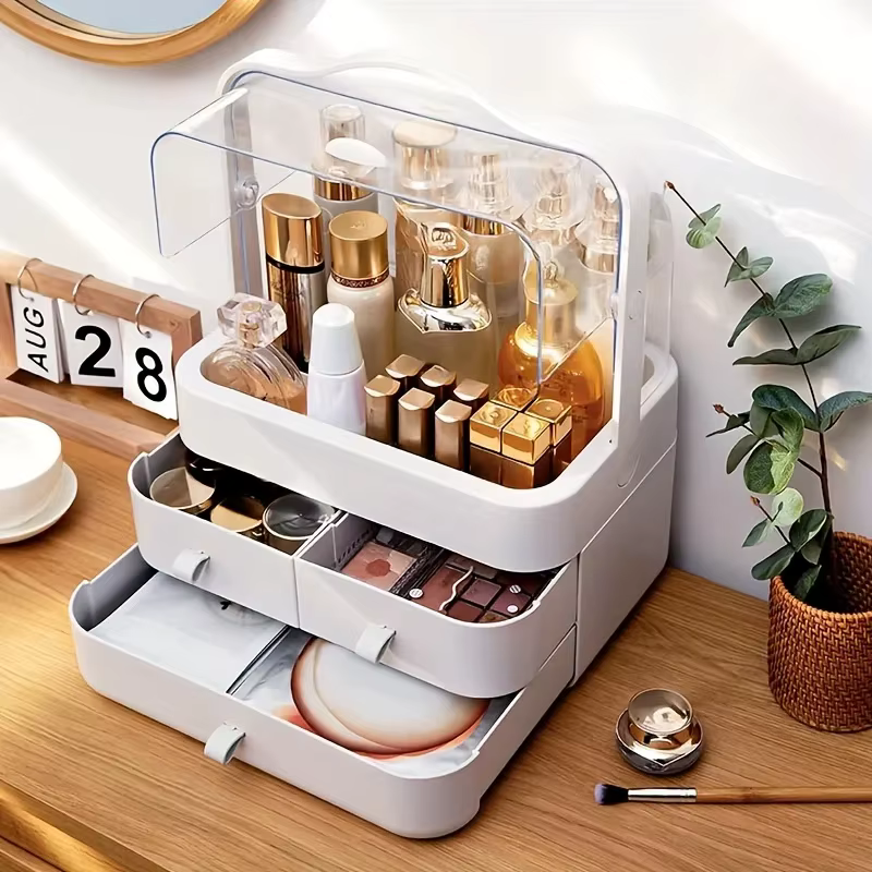 Organisateur de Comptoir de Coiffeuse avec Couvercle, Tiroir Étanche et Anti-Poussière, Boîte de Rangement pour Soins de la Peau, Présentoir de Maquillage