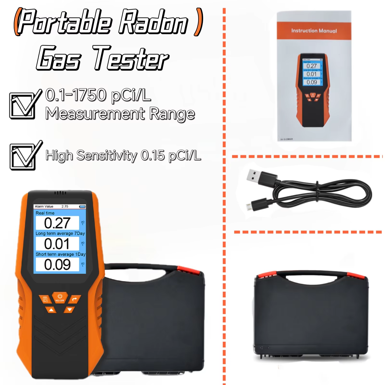 Détecteur de Radon Portable, testeur de gaz Radon 0.1-1750 pCi/L, résultats rapides et précis pour la surveillance domestique et de l'environnement