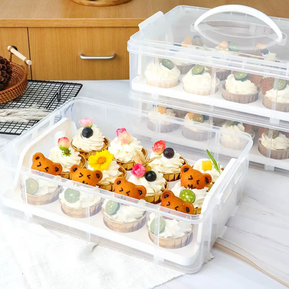Porte-cupcakes à 2 niveaux Transparent avec couvercle et poignée
