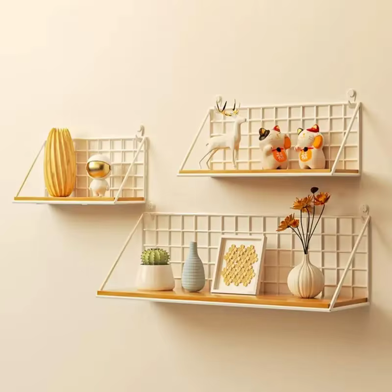 Étagère murale en bois avec panier de rangement, installation sans perçage, idéale pour l'organisation de la chambre et du salon