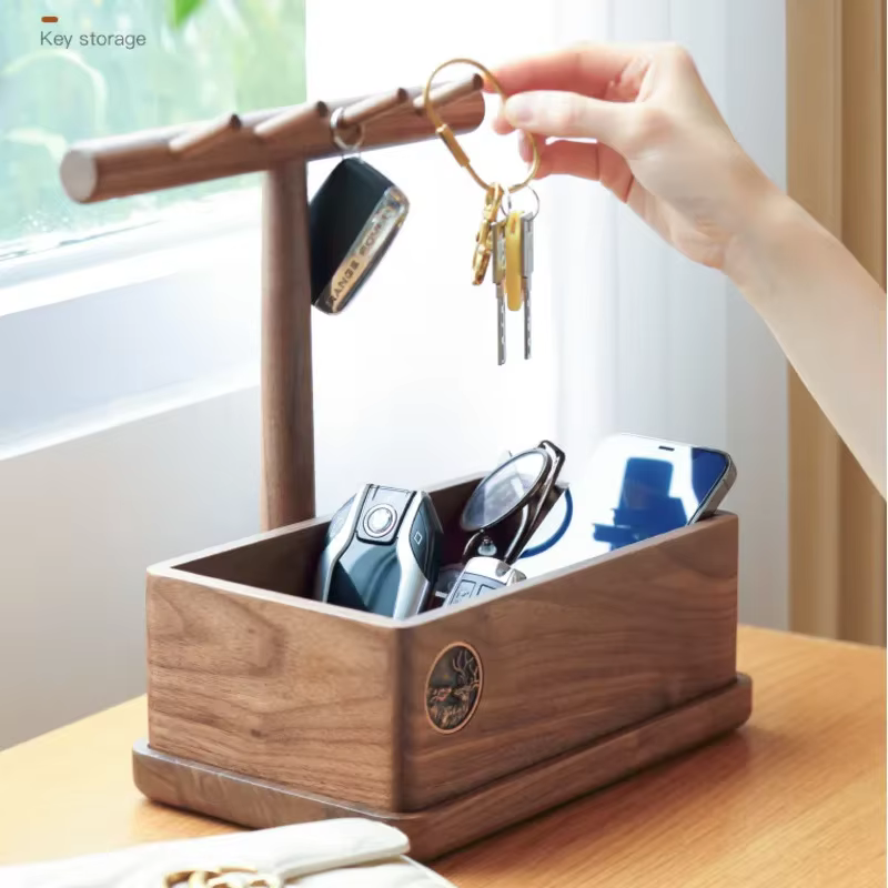 Boîte de rangement en bois massif de noyer noir, porte-clés, plateau de porche, organisateur de bureau pour articles divers, cosmétiques, bijoux