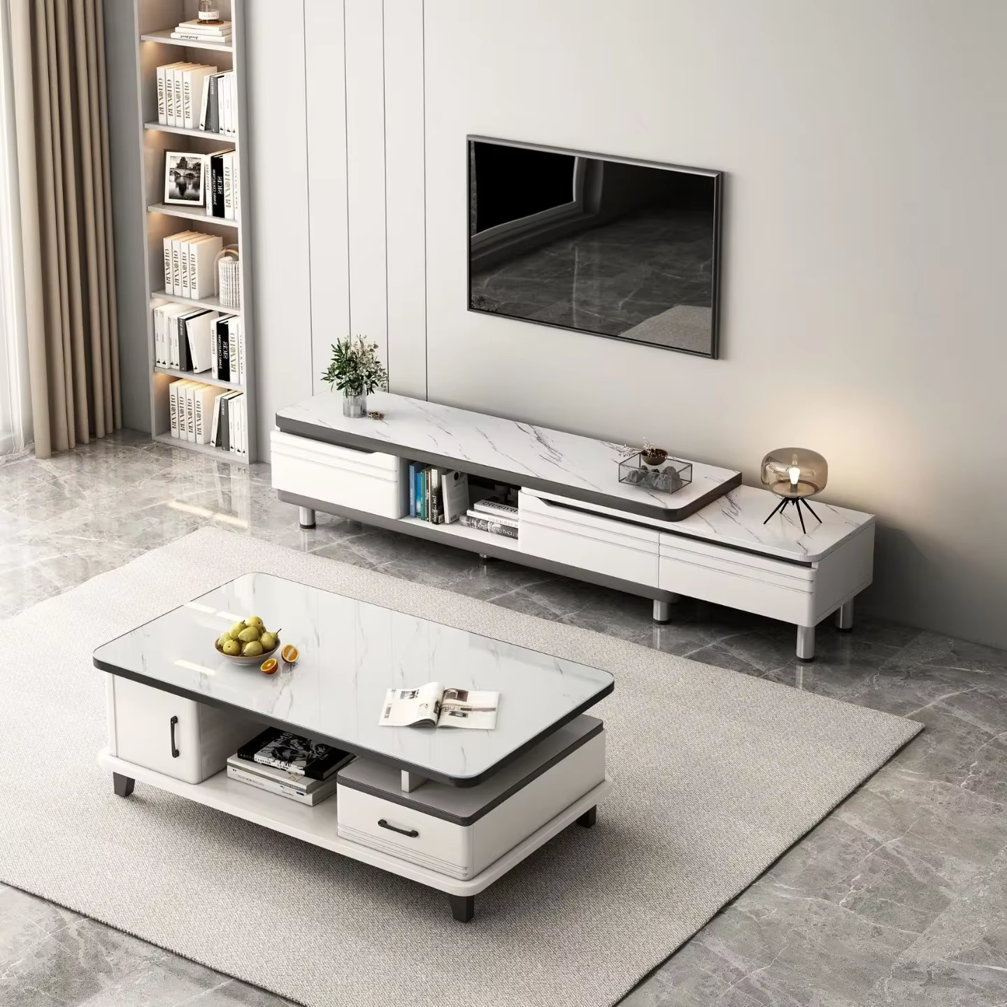 Meuble TV LED moderne pour téléviseurs, table basse, étagères en verre et tiroir, centre de divertissement de jeu avec plusieurs armoires