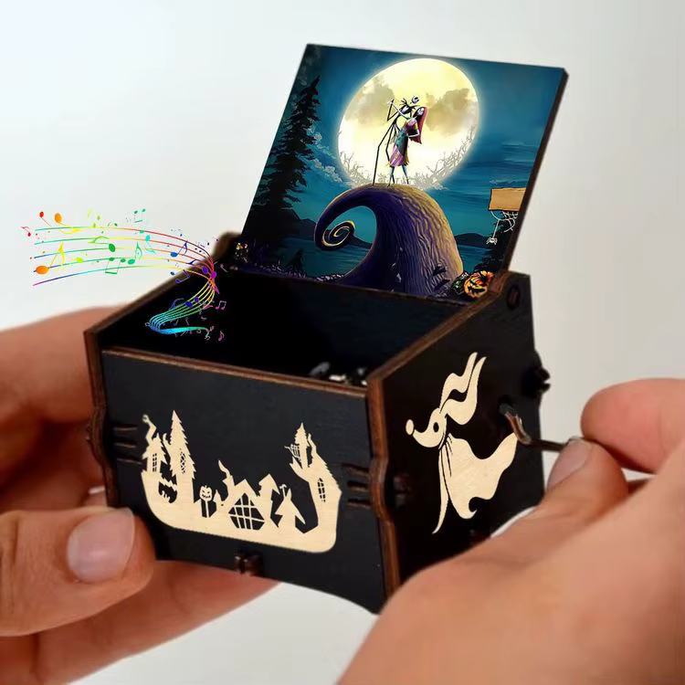 Boîte à musique à manivelle en bois pour Halloween