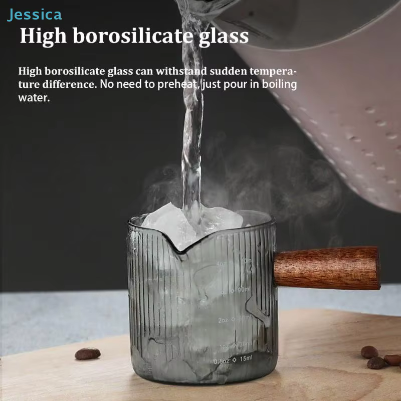 ♥ Tasse à mousse de lait en verre côtelé avec poignée en bois - Tasse doseuse de 120 ml pour café et lait