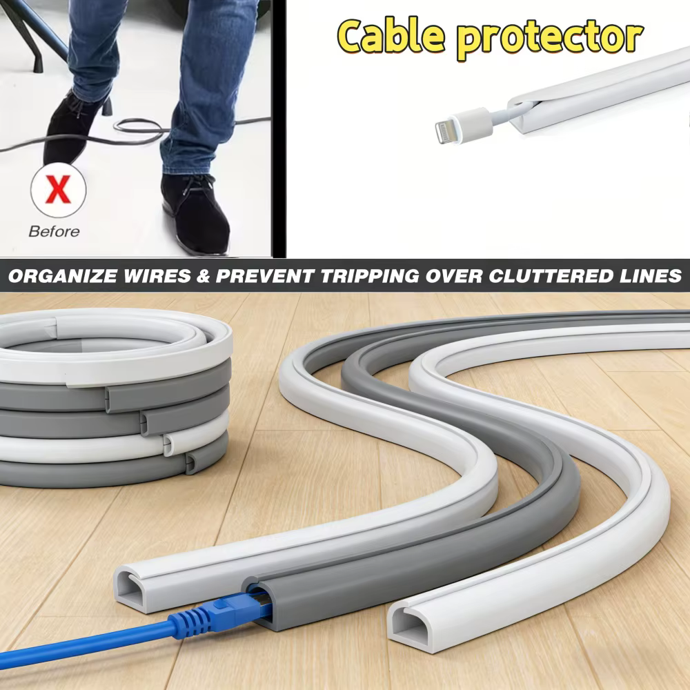 1 rouleau de gaine de câblage autocollante de 118,11 pouces avec protection de câbles en caoutchouc flexible, cache-câbles pour sol, adapté pour bureau, mur