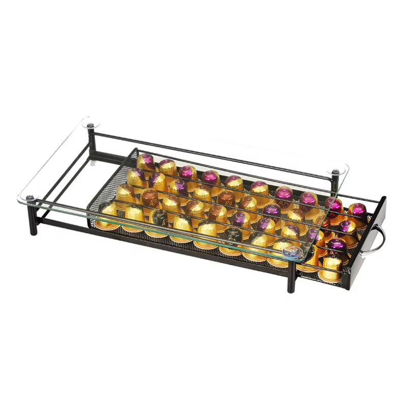 40 compartiments pour dosettes de café, tiroir de rangement pour capsules de café, organisateur de capsules Nespresso avec étagères en verre blindé