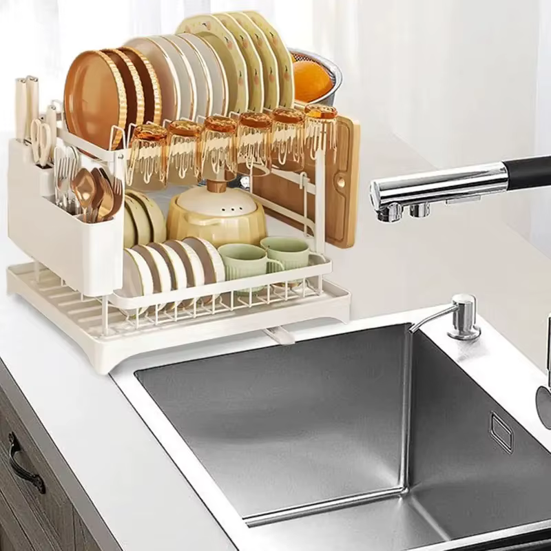 Égouttoir à vaisselle à 2 niveaux pour cuisine, support de rangement pour bols, couverts, baguettes, couteaux, fourchettes et tasses