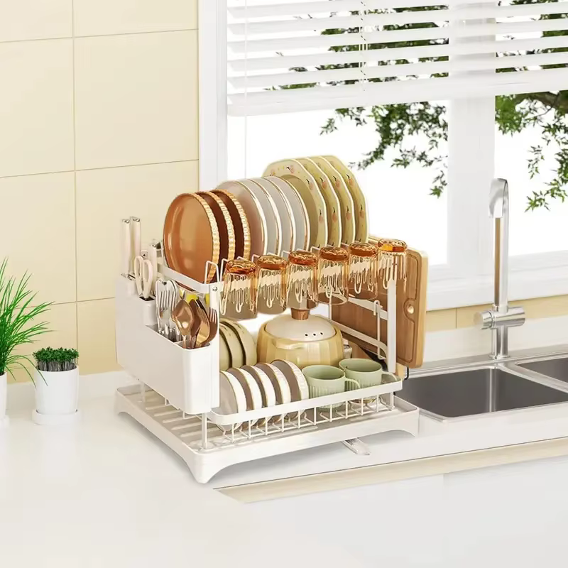 Égouttoir à vaisselle à 2 niveaux pour cuisine, support de rangement pour bols, couverts, baguettes, couteaux, fourchettes et tasses