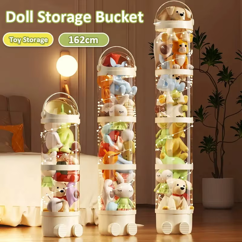 Boîte de rangement pour poupées, jouets, jouets en peluche, tube de rangement transparent en plastique, baril de rangement pour jouets en peluche, organisateur de jouets pour enfants