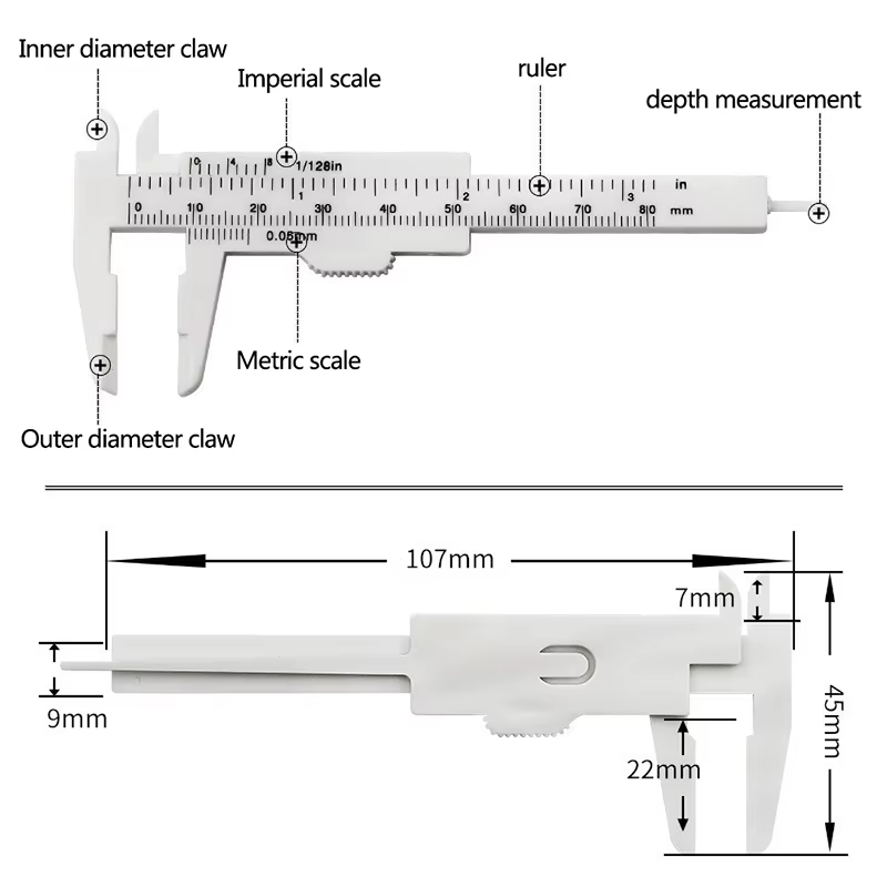 Pied à coulisse portable en plastique à double échelle 80 mm pour la mesure des sourcils