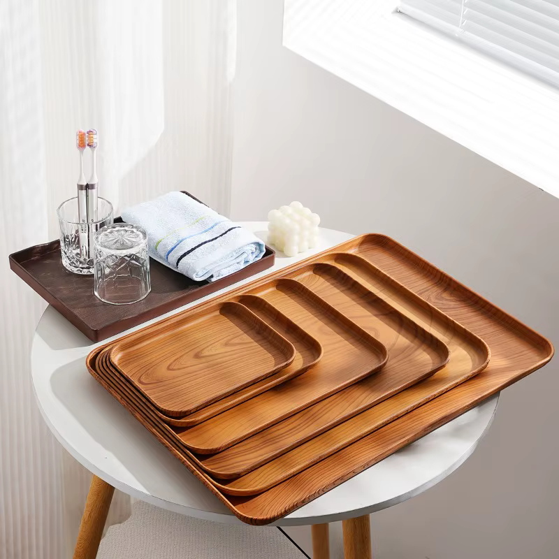 Plateau de service rectangulaire en plastique grain de bois, assiette de rangement polyvalente pour usage domestique et commercial, pour tasses d'eau, gâteaux et desserts