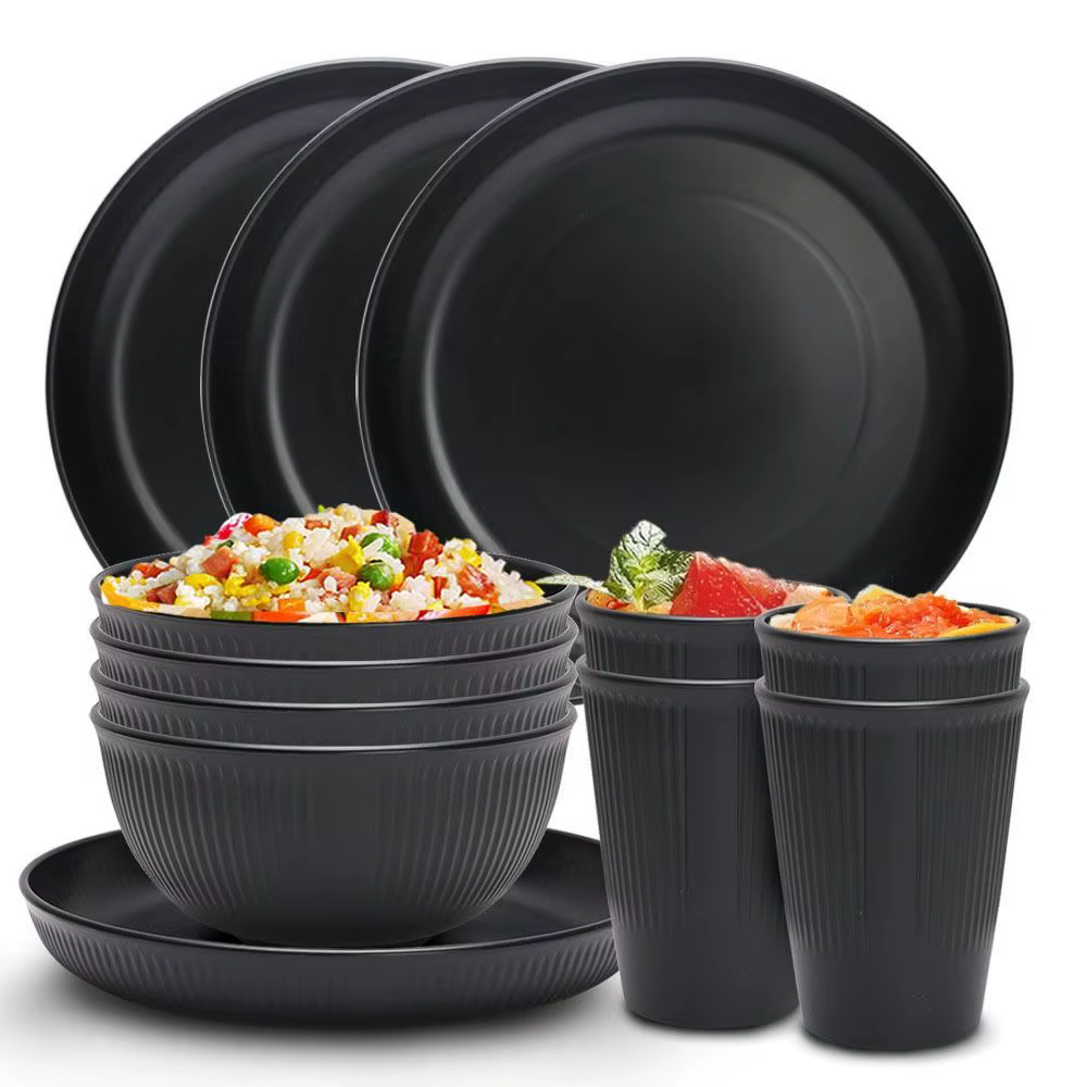 Ensemble de couverts en plastique noir, assiettes, plats à cracher, bol, tasses, camping en plein air, fête