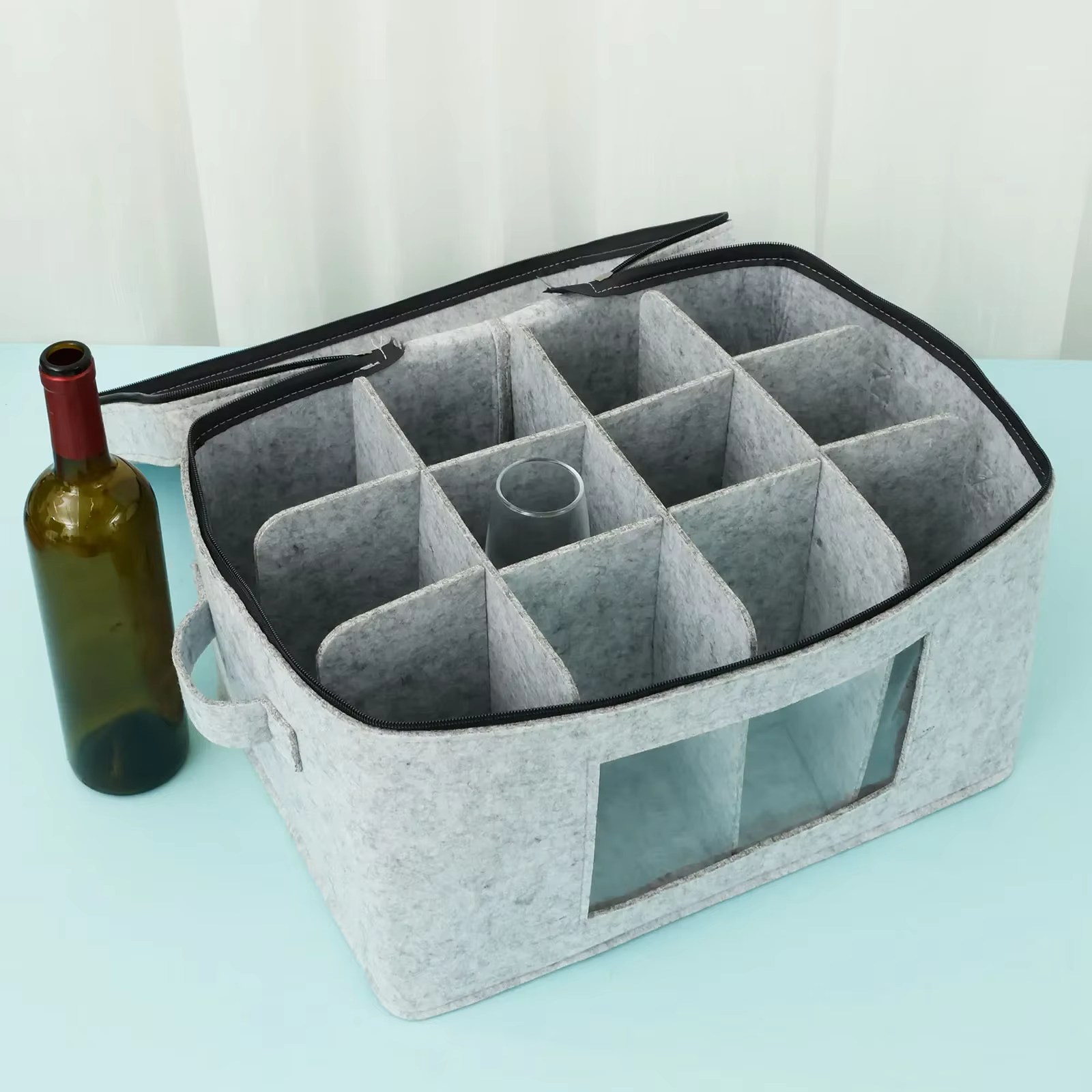 Organisateur de rangement pour verres à vin, conteneur empilable en feutre pour verrerie avec 12 séparateurs amovibles, pliable pour sac de voyage pour bouteilles de vin