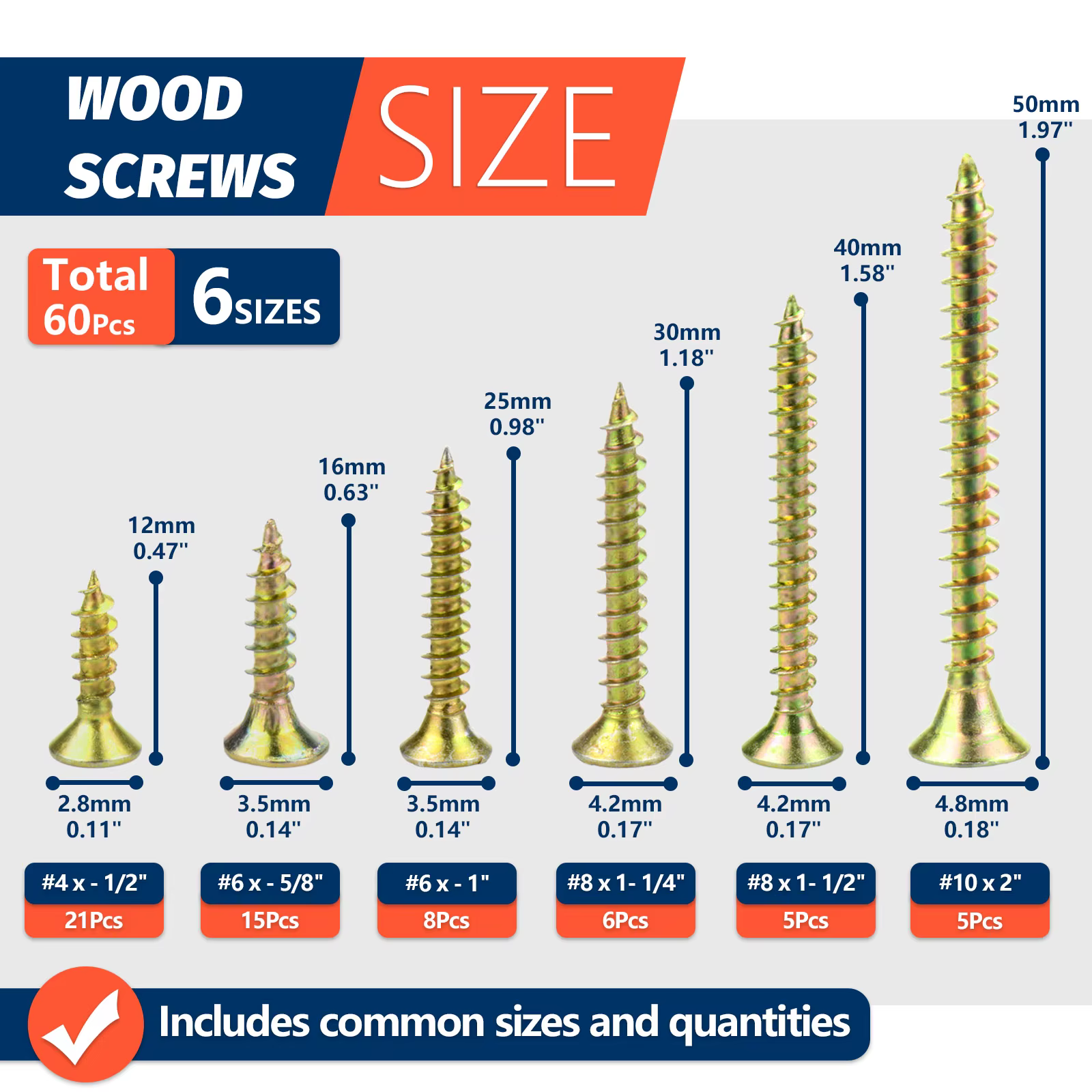 Kit de vis à bois de haute dureté (6 tailles 60 pièces)-filetage grossier à tête plate Phillips-pour le bricolage du