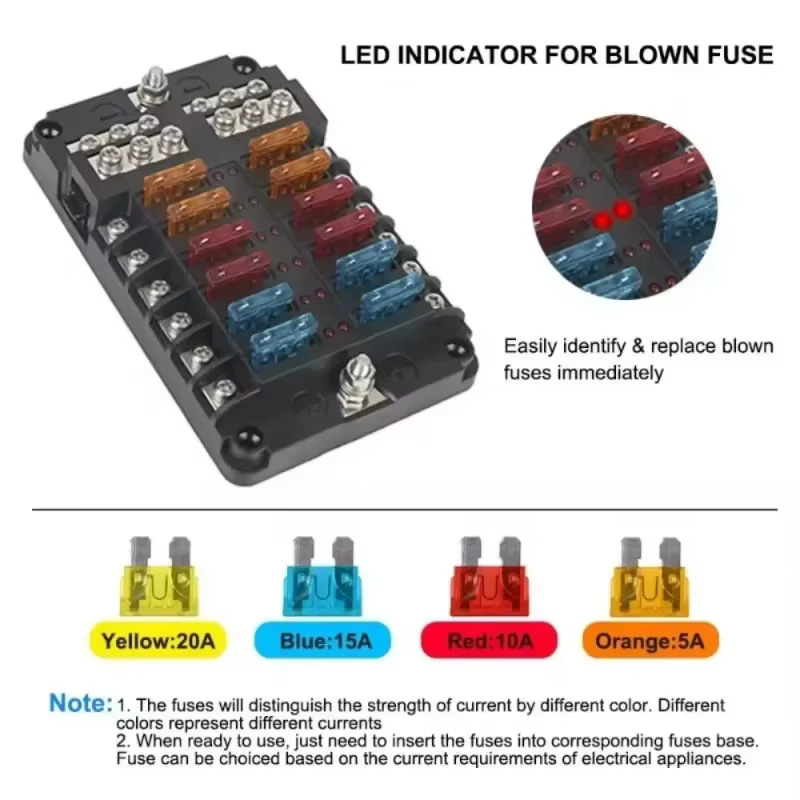 Boîtier de fusibles à lame 6/12 voies 12-24V pour voiture et bateau avec couvercle en plastique pour panneau