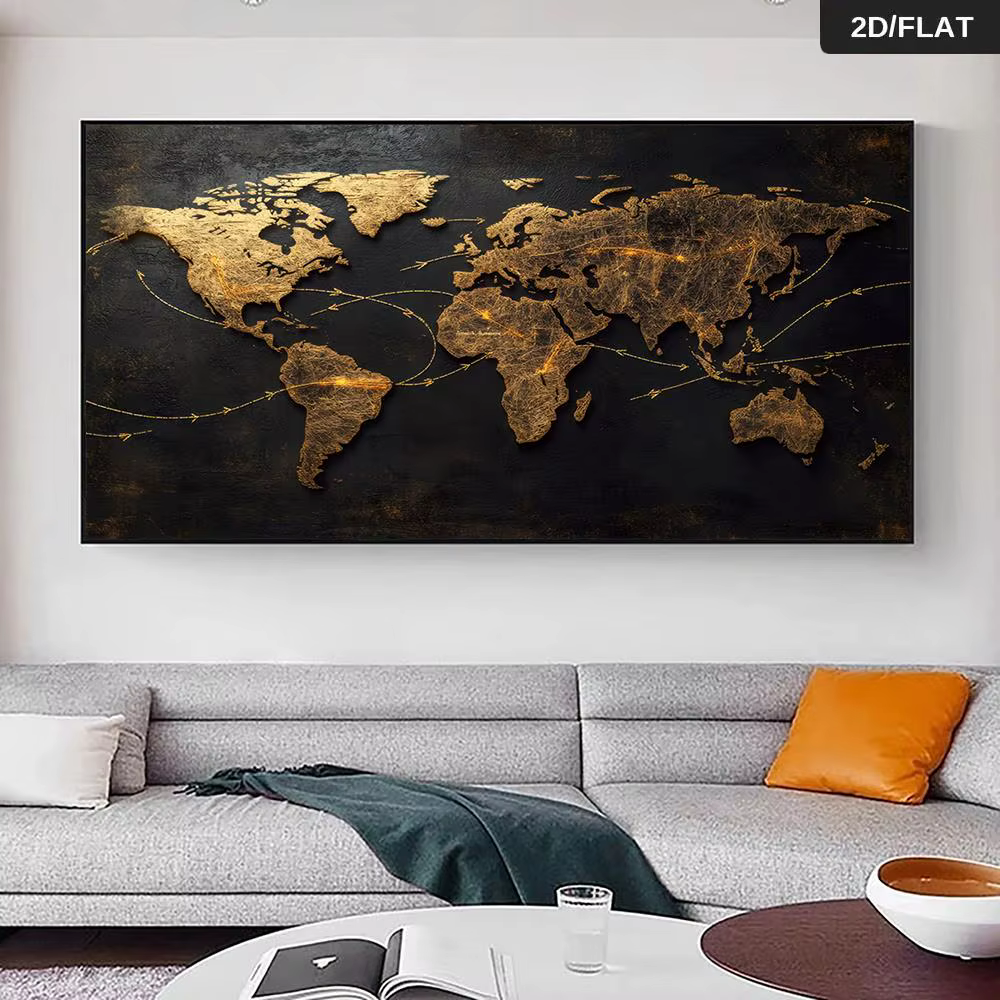 Une peinture murale abstraite moderne de carte du monde dorée avec des flèches de liaison