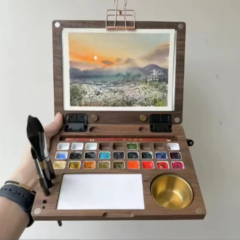 Boîte d'interconnexion en bois multifonctionnelle portable pour étudiants, palette de peinture de croquis de voyage, gouache, boîte de peinture à l'huile, fournitures d'art