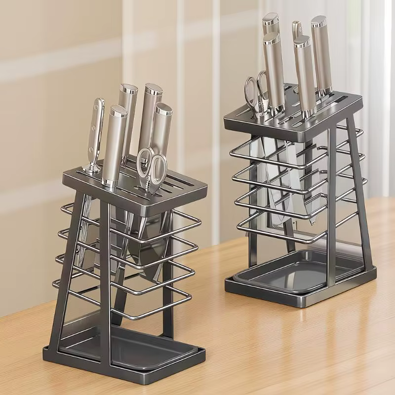 Support de rangement carré multifonctionnel pour ustensiles de cuisine, économiseur d'espace, pour outils de découpe, avec égouttoir de comptoir