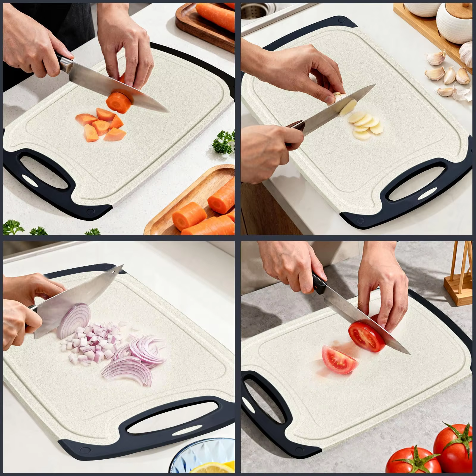Planche à découper pour la cuisine, antidérapante, avec rainure pour les jus, sans BPA, en plastique PP, pour légumes, viande, fruits