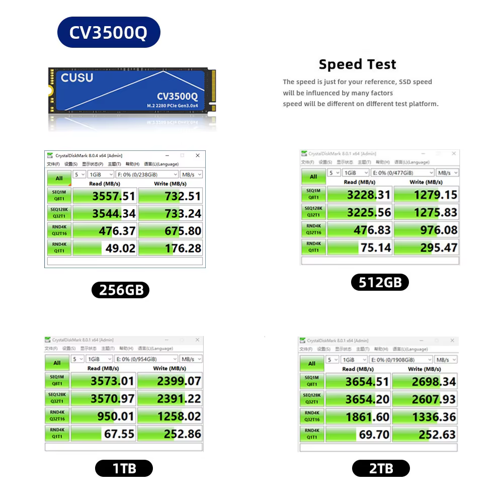 CUSU SSD 512 go 1 to 2 to M.2 2280 SSD NVMe M2 PCIe 3.0/4.0 disque dur interne pour ordinateur portable