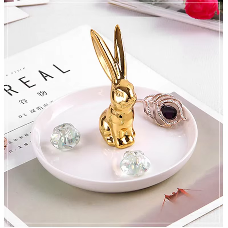 Coiffeuse de style européen, animal doré, cheval, lapin, plateau de rangement de bijoux en céramique, boîte de rangement de bijoux