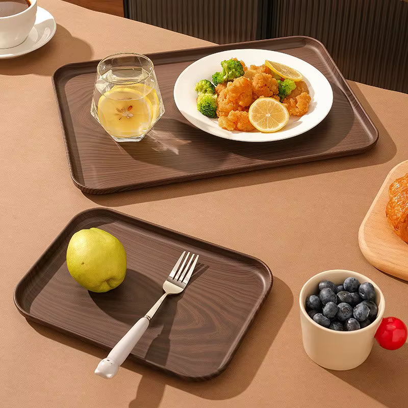Plateau de service rectangulaire en plastique grain de bois, assiette de rangement polyvalente pour usage domestique et commercial, pour tasses d'eau, gâteaux et desserts