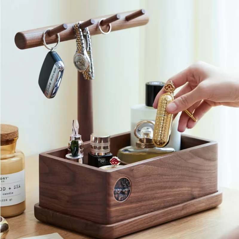 Boîte de rangement en bois massif de noyer noir, porte-clés, plateau de porche, organisateur de bureau pour articles divers, cosmétiques, bijoux