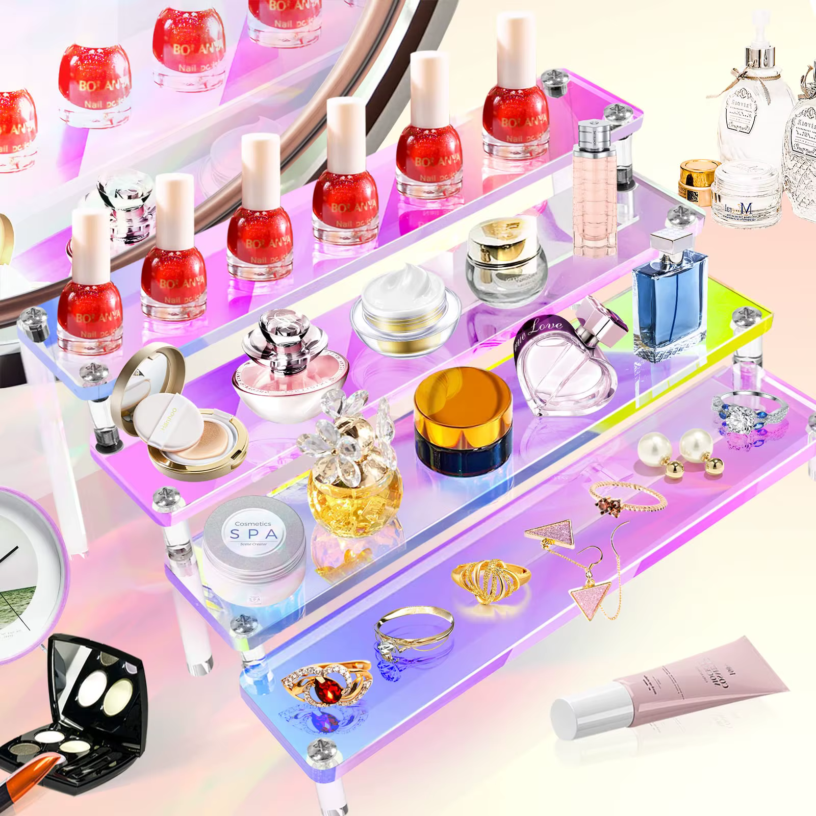Présentoir en acrylique irisé pour décoration et organisation de bijoux, étagère de support pour figurines à collectionner, strass et nouilles Chi, 1-5 niveaux