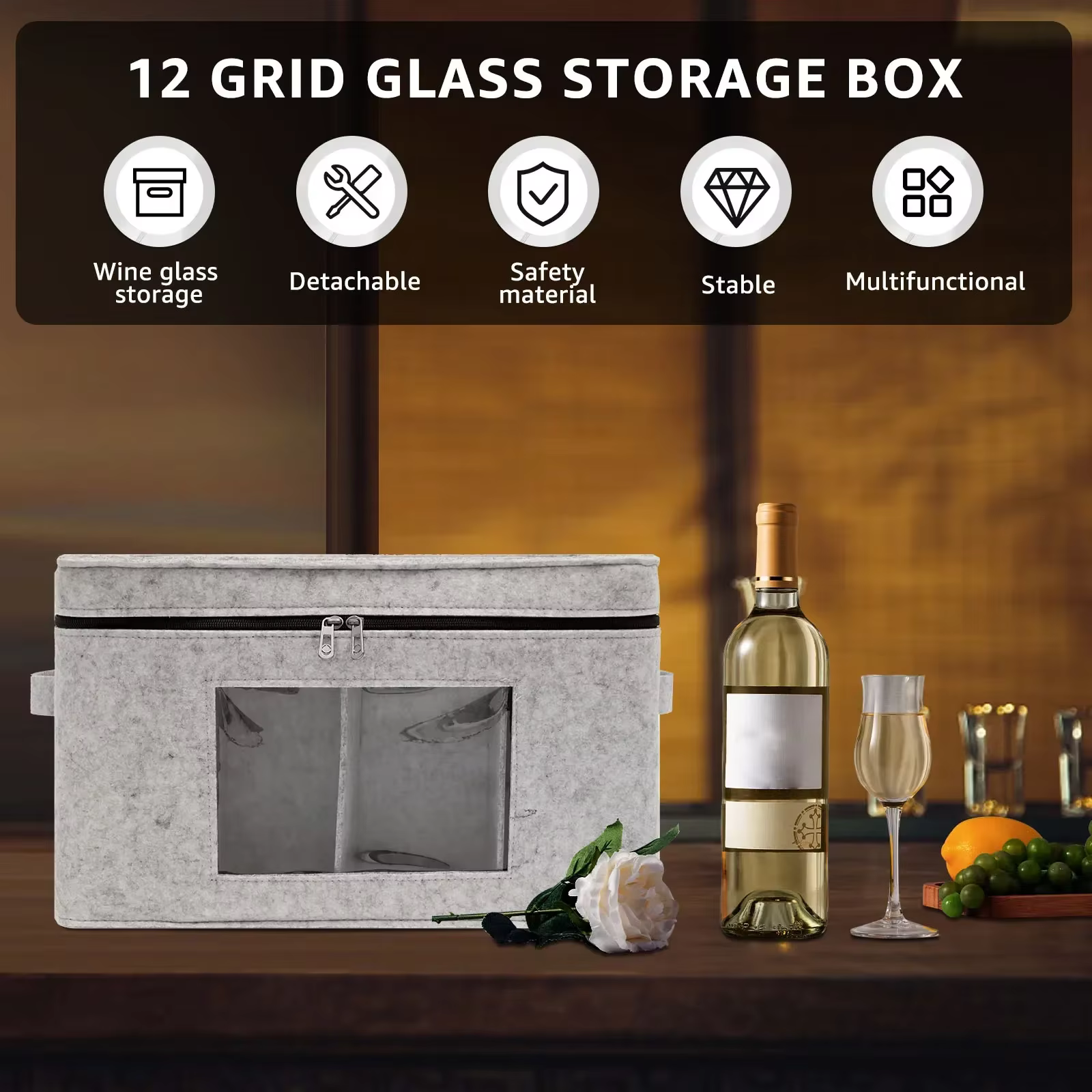 Organisateur de rangement pour verres à vin, conteneur empilable en feutre pour verrerie avec 12 séparateurs amovibles, pliable pour sac de voyage pour bouteilles de vin