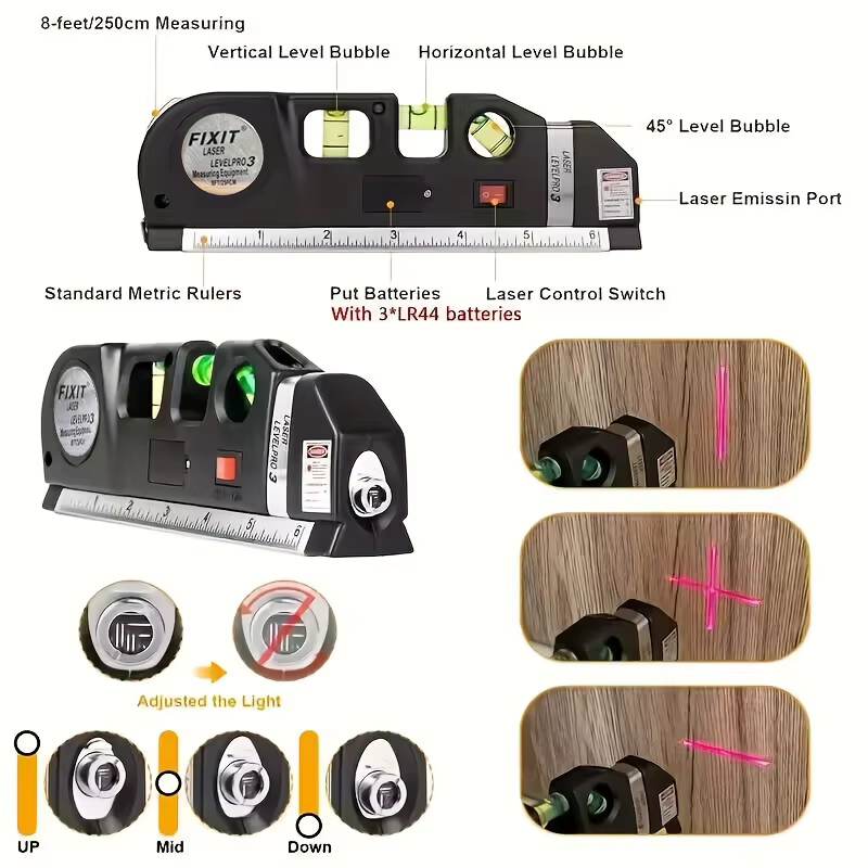 Un ensemble d'outils de niveau laser domestique pratique, multifonctionnel, avec niveau laser standard, mesure de distance par laser croisé et règle métrique.