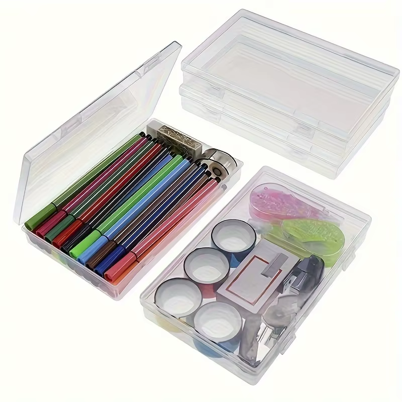 3 boîtes de rangement transparentes : organiseurs rectangulaires transparents pour fournitures de maison et de bureau - Essentiels pour la rentrée scolaire