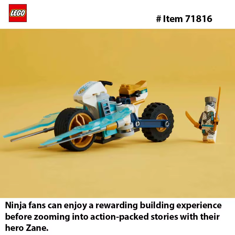 Jouet de moto de glace LEGO 71816 NINJAGO Zane, modèle de véhicule unisexe inclus, cadeau de ninja pour les enfants de 7 ans, 1 figurine
