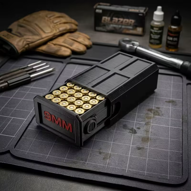 Boîte à munitions 9 mm de 50 cartouches imprimée en 3D avec couvercle coulissant – Organisateur et rangement tactique