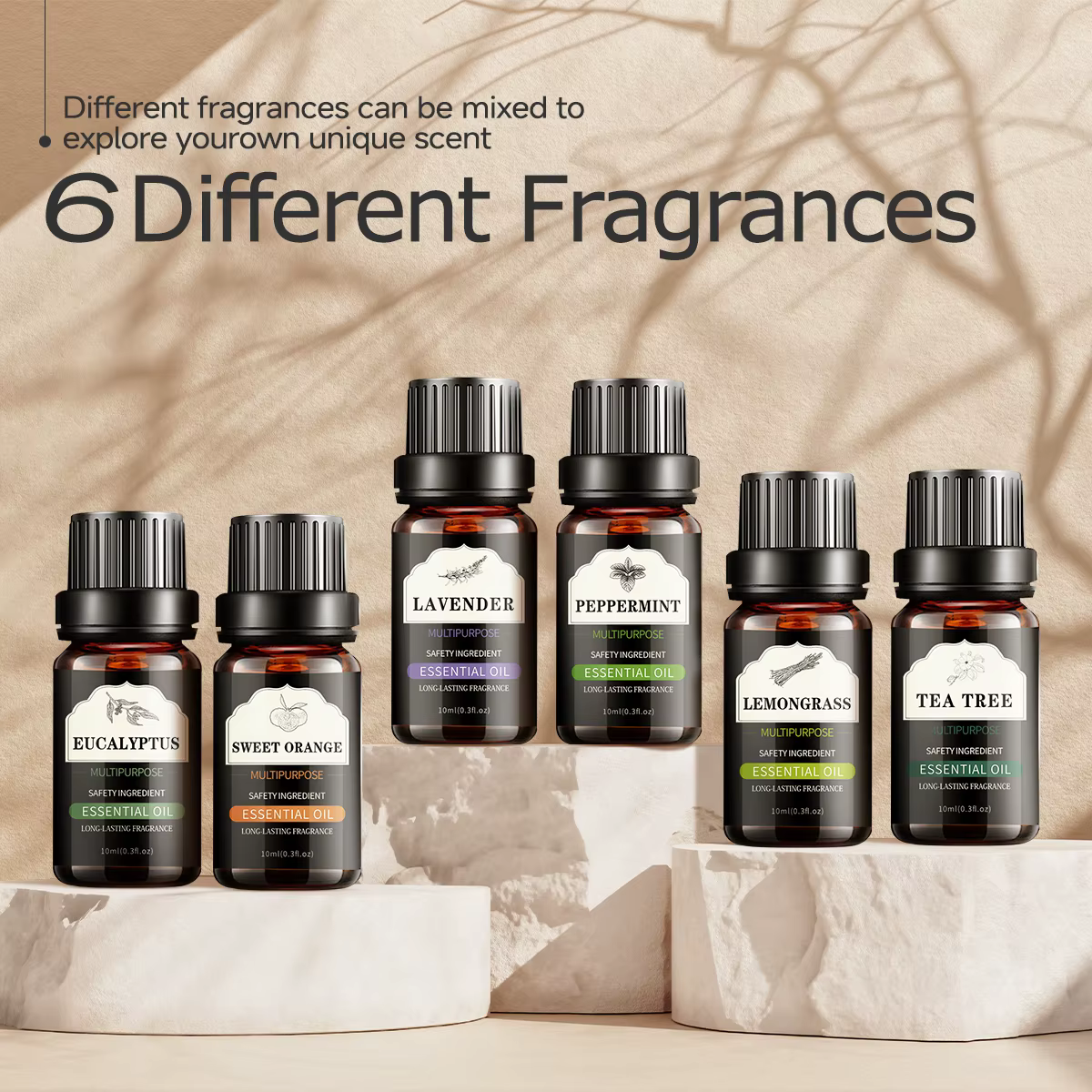 Huile essentielle 10ml, ensemble d'huiles essentielles de 6 pièces: lavande, menthe poivrée, eucalyptus, orange douce, citronnelle, arbre à thé, cadeau parfait