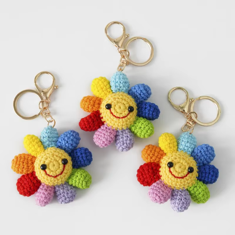 Porte-clés tournesol tricoté créatif, pendentif de sac mignon, fleur au Crochet, porte-clés de voiture