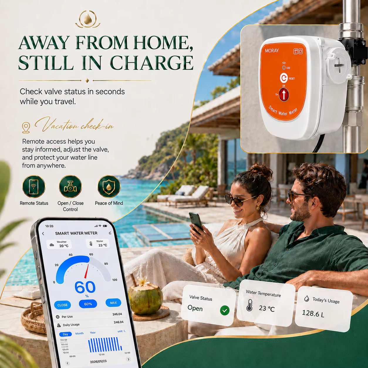 Vanne d'eau intelligente WiFi ME220FW avec débitmètre 0-10000L DN15-DN25, surveillance de la température, compatible Alexa et Google Assistant