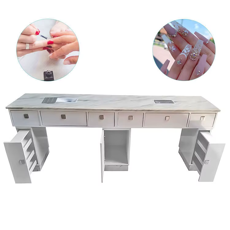 Table à ongles double en marbre, table de manucure en MDF E1 avec dépoussiéreur, ensemble de mobilier de salon personnalisé en verre trempé avec chaises