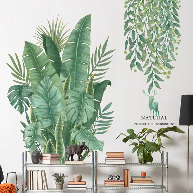 Feuilles vertes Stickers muraux pour la maison salon décoratif vinyle Sticker plantes tropicales bricolage enfant porte peintures murales papier peint