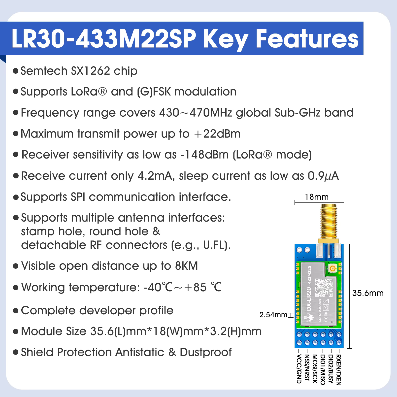 LR30 8KM longue portée 430 ~ 470MHz Module récepteur émetteur-récepteur LoRa 22dBm puce SX1262 pour contrôle sans fil