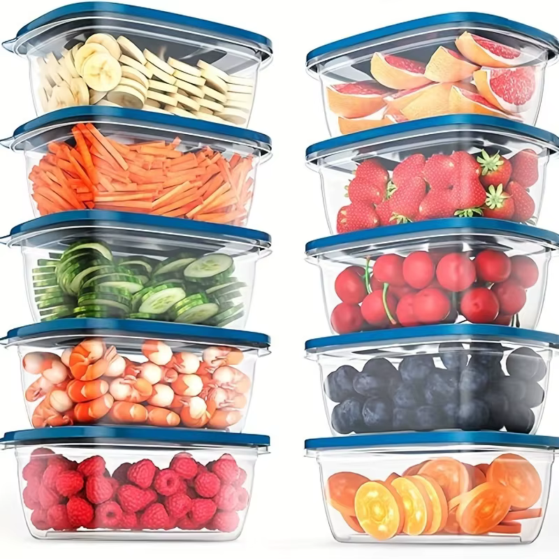 Un ensemble de 6 récipients de conservation des aliments en plastique transparent empilables avec couvercles bleus et