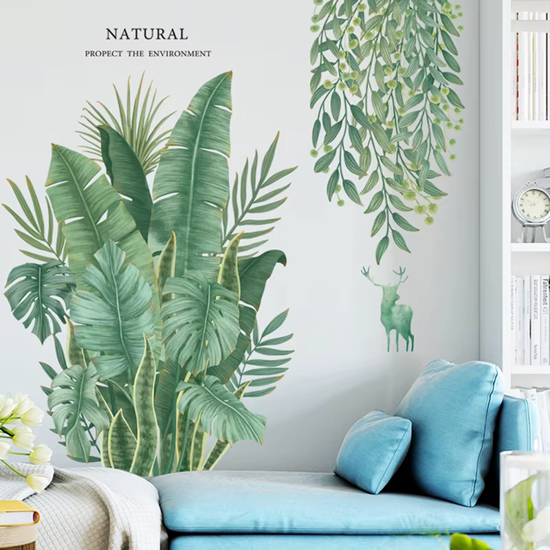 Feuilles vertes Stickers muraux pour la maison salon décoratif vinyle Sticker plantes tropicales bricolage enfant porte peintures murales papier peint