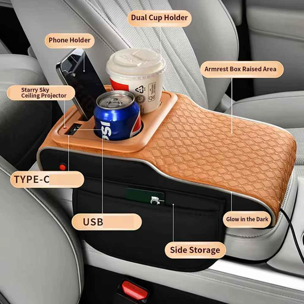 Boîte d'accoudoir de voiture multifonctionnelle avec couvercle interchangeable, dotée d'une projection laser étoilée, de bandes lumineuses latérales, de deux ports de charge USB/Type-C pour téléphones